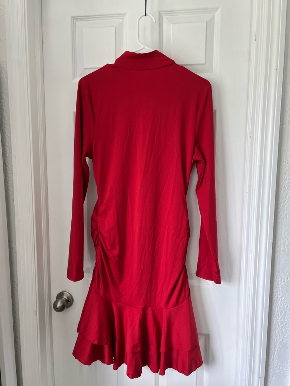 Red Long-Sleeve Midi Dress with Ruffled Hem - Picture 4 of 8